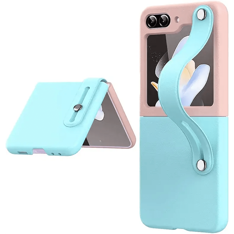 Cases & Covers for Samsung Z Flip5 / Pink Sky Blue Samsung Galaxy Z Flip5 PU Leather Wrist Band Dual Color Back Case