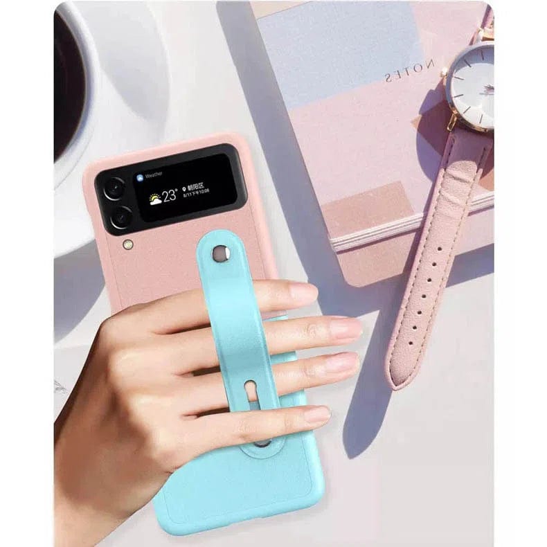 Cases & Covers for Samsung Z Flip4 / Pink Sky Blue PU Leather Wrist Strap Dual Color Phone Case for Samsung Galaxy Z Flip