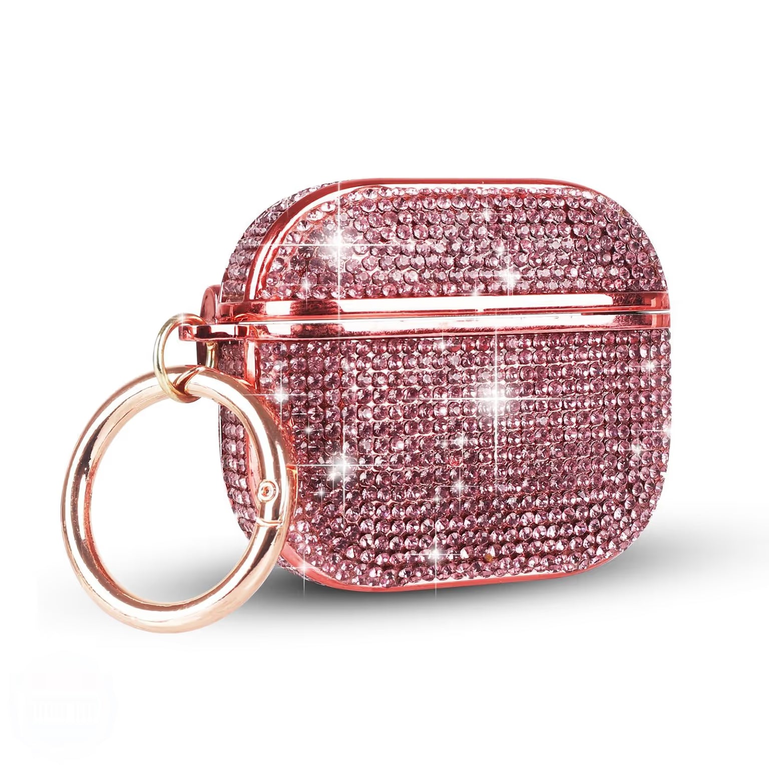 Pink glittery case with keychain on a white background