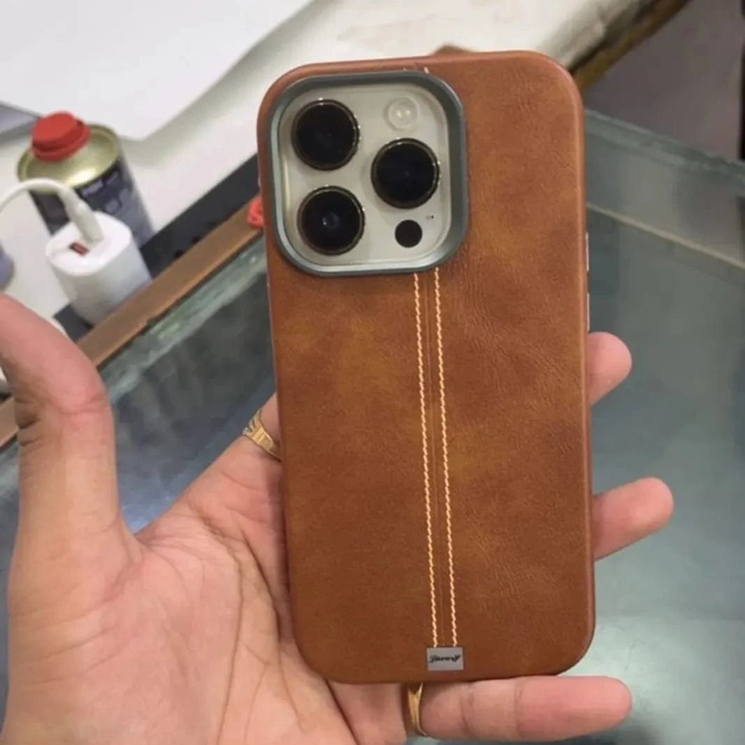 ktusu iShock Cases & Covers Slim Retro Business Leather Cover with Metal Frame Camera Protection for iPhone 15 Pro Max Brown