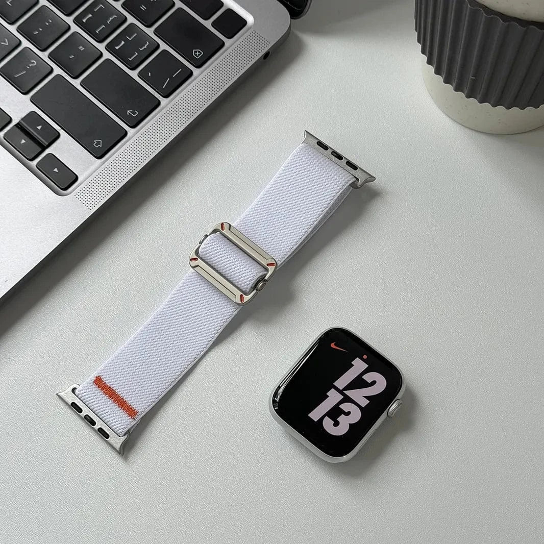 Nylon Stretchy Adjustable Elastic Woven Straps for Apple Watch 42mm | 44mm | 45mm | Ultra 49mm | 46mm / White - Ktusu