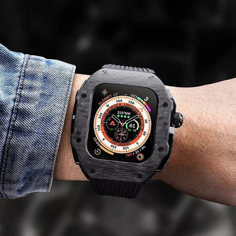 Hualimei Mod Kit Carbon Fiber Case Silicone Strap for Apple Watch 44mm