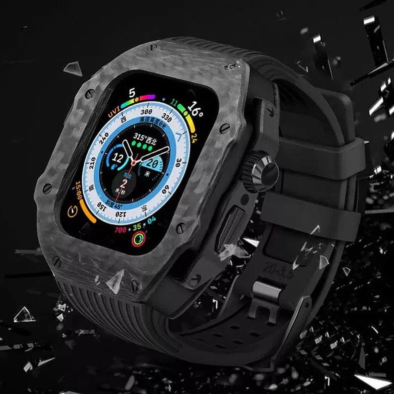 Hualimei Mod Kit Carbon Fiber Case Silicone Strap for Apple Watch 44mm