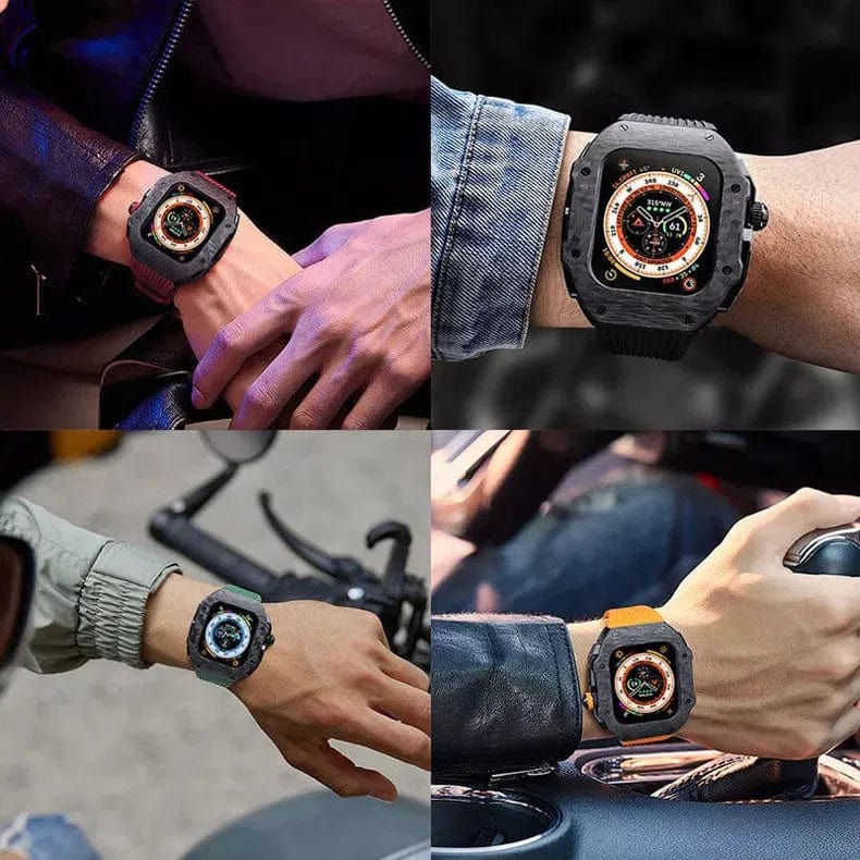 Hualimei Mod Kit Carbon Fiber Case Silicone Strap for Apple Watch 44mm