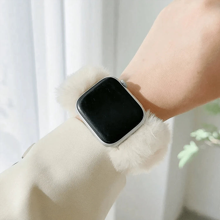 Fluffy Faux Rabbit Elastic Women Loop Band for Apple Watch 38mm | 40mm | 41mm | 42mm Series 10 / Cream - Ktusu