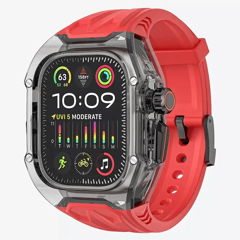 Military Protective Rugged Hard Watch Case with Silicone Watch Band for iWatch Ultra 49mm / Red Smoke - Ktusu