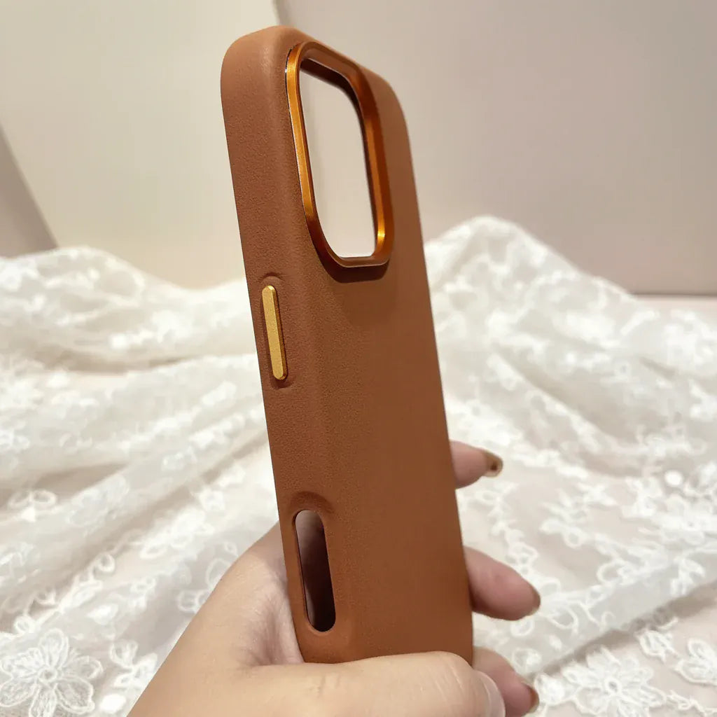 Cases & Covers Sweat Leather Texture soft touch Metal Button Magsafe Case for iPhone 16 Pro Max