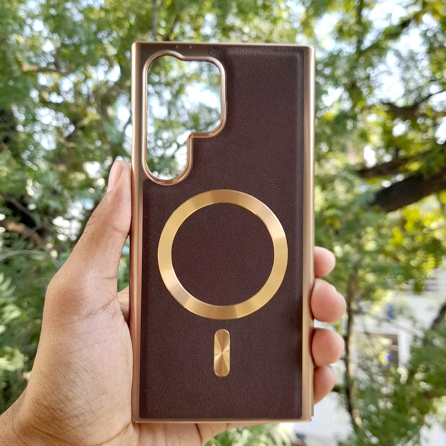 Electroplated Leather Texture Magnetic Charging Compatible Case for Samsung S25 Ultra