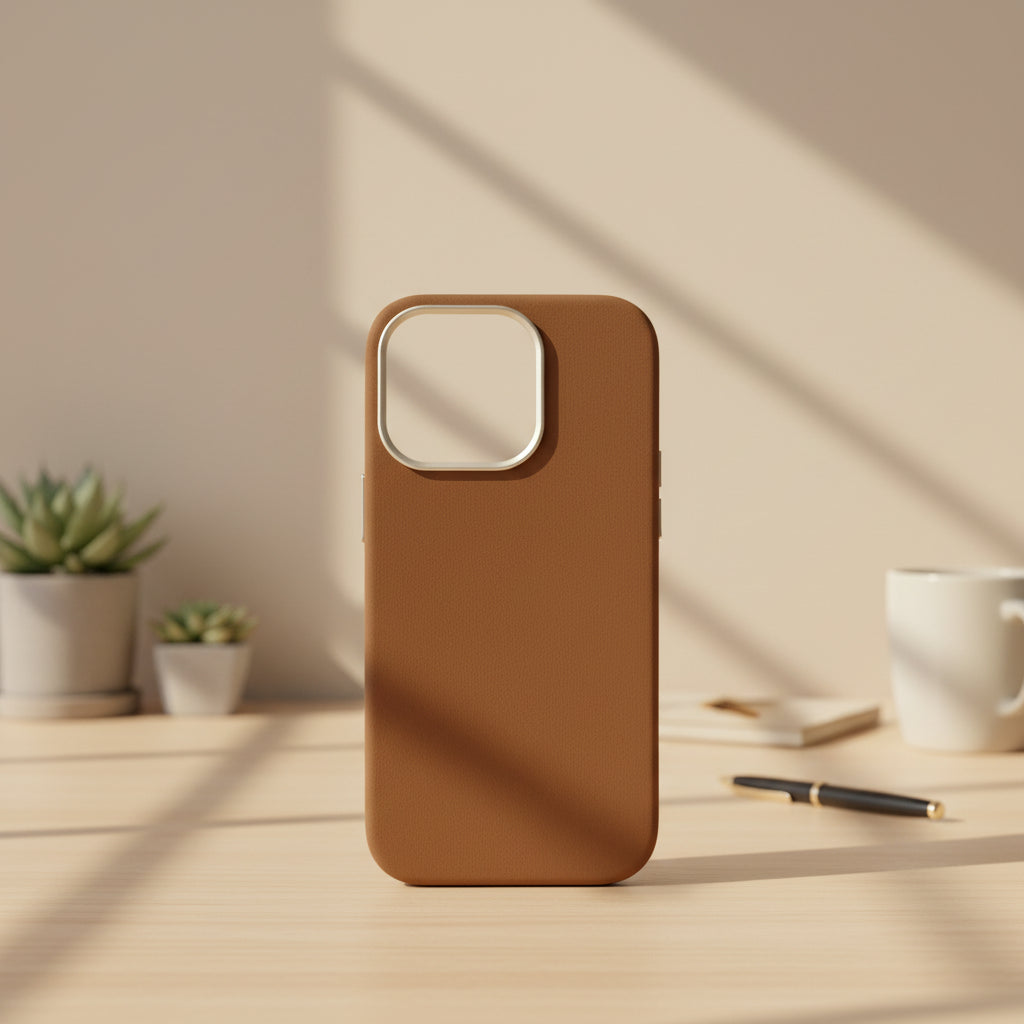 Brown phone case held in a hand with a blurred background