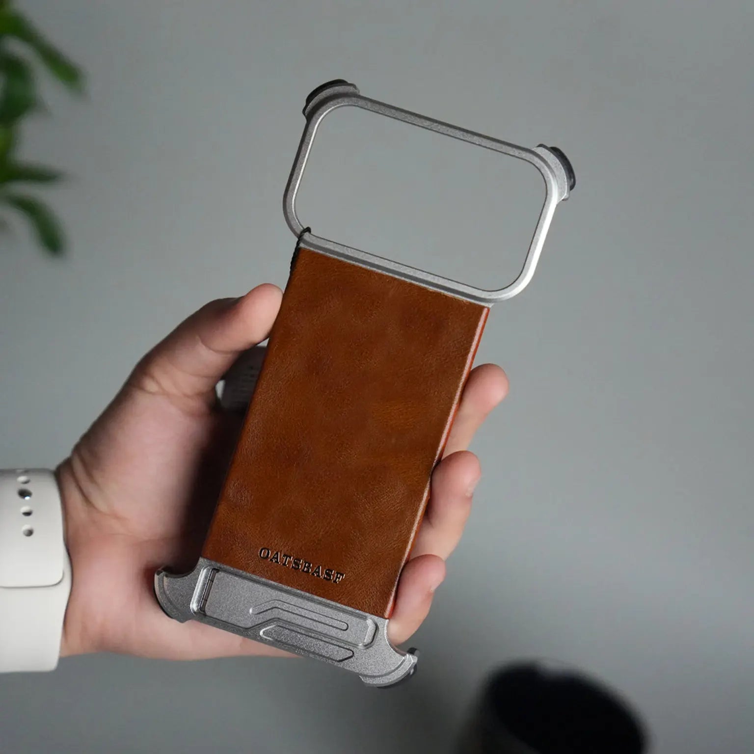 OATSBASF Magnetic Leather Metal Hidden Kickstand Frameless Magsafe Case for iPhone 17 Pro