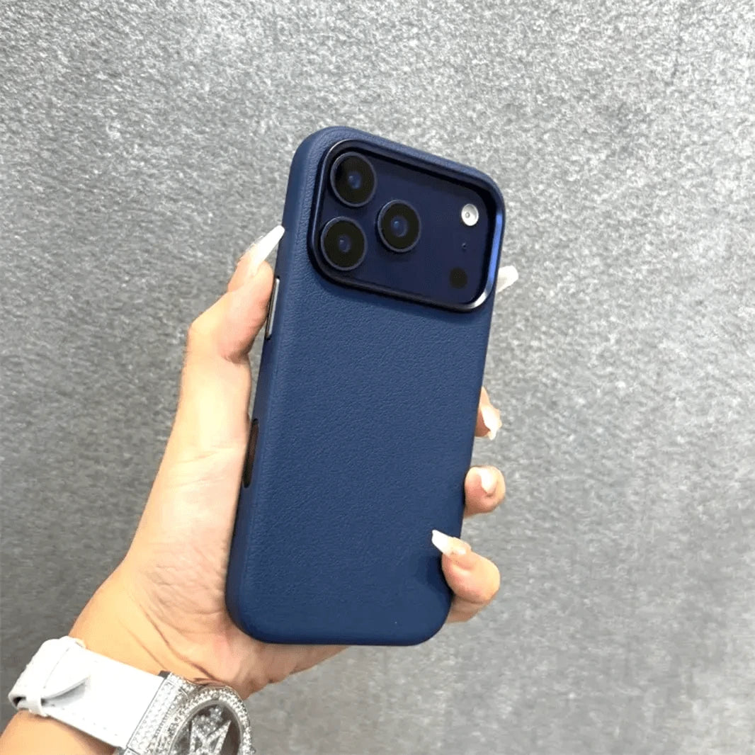 ktusu iShock Cases & Covers Vegan Leather Metal Button Case for iPhone 17 Pro Max Deep Blue