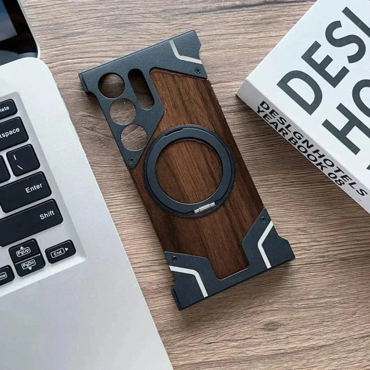 Walnut Wood Pattern Metal Frameless Kickstand Ring Case for Samsung S24 Ultra