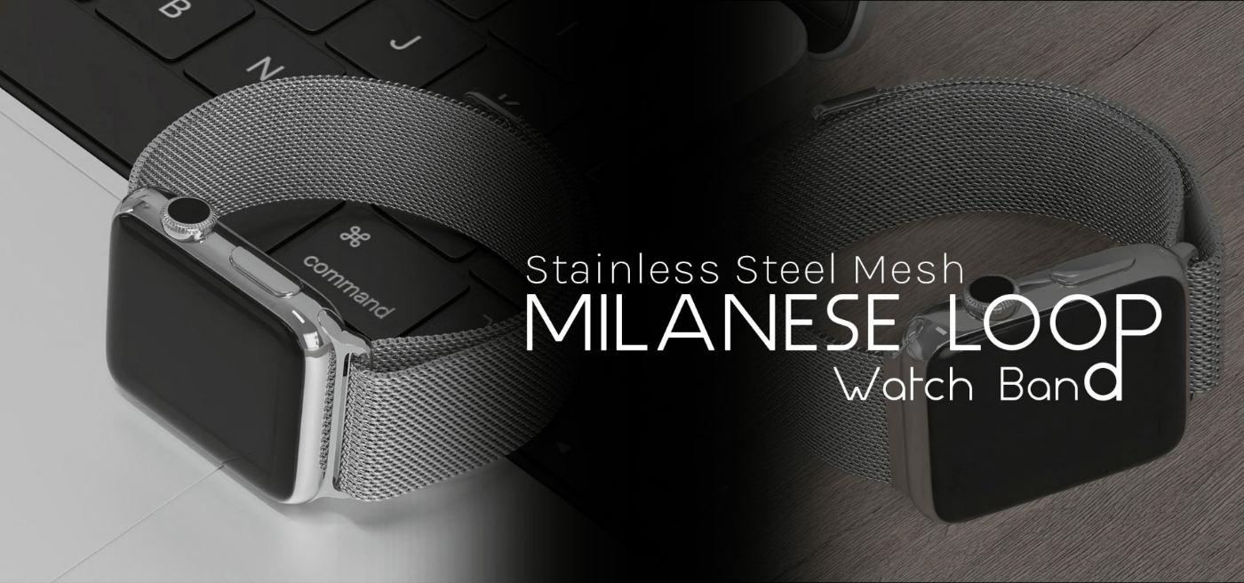 Stainless Steel Mesh Milanese Loop watch band on a laptop keyboard with text overlay.slider_item_TeY4m7